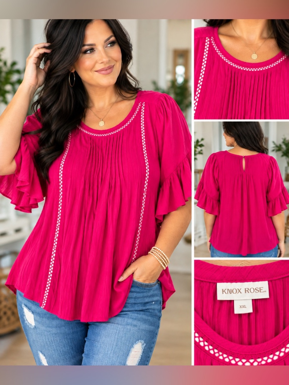 💗 Knox Rose Bright Fuchsia Boho Blouse – XXL